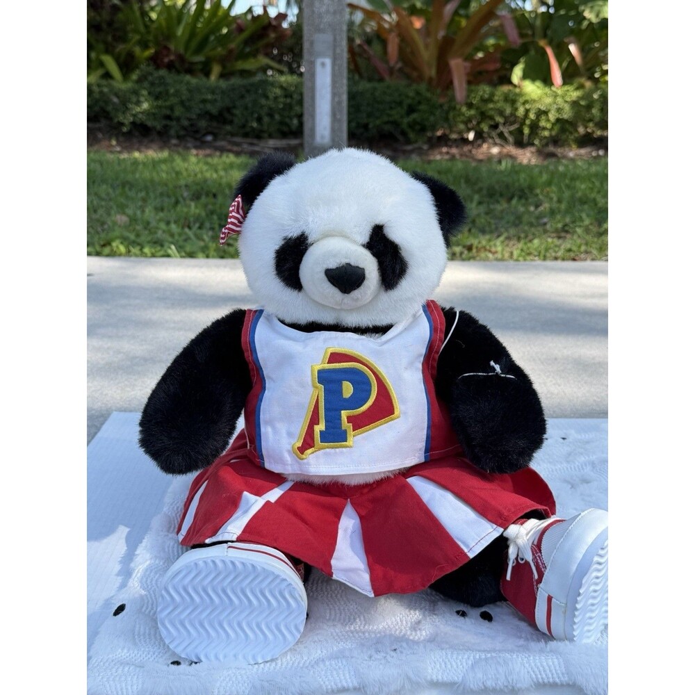 Plush Panda Cheerleader Stuffed Animal Red White Uniform Letter P Teddy Bear Toy